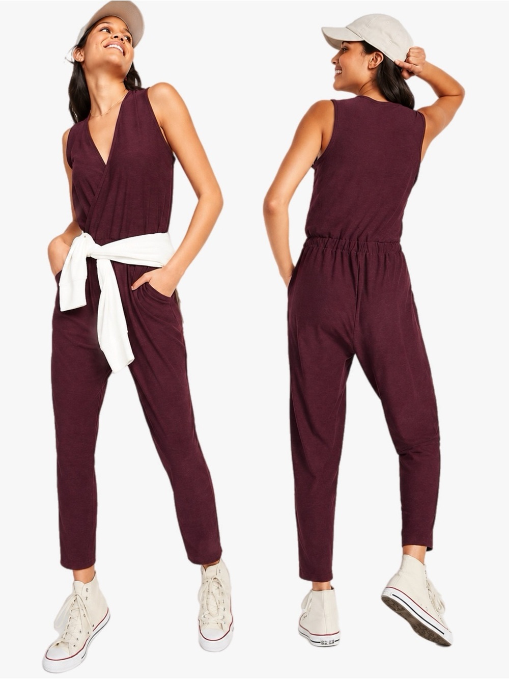 Old Navy XL Burgundy Sleeveless Surplice Jumpsuit Pockets Casual Stretch Romper